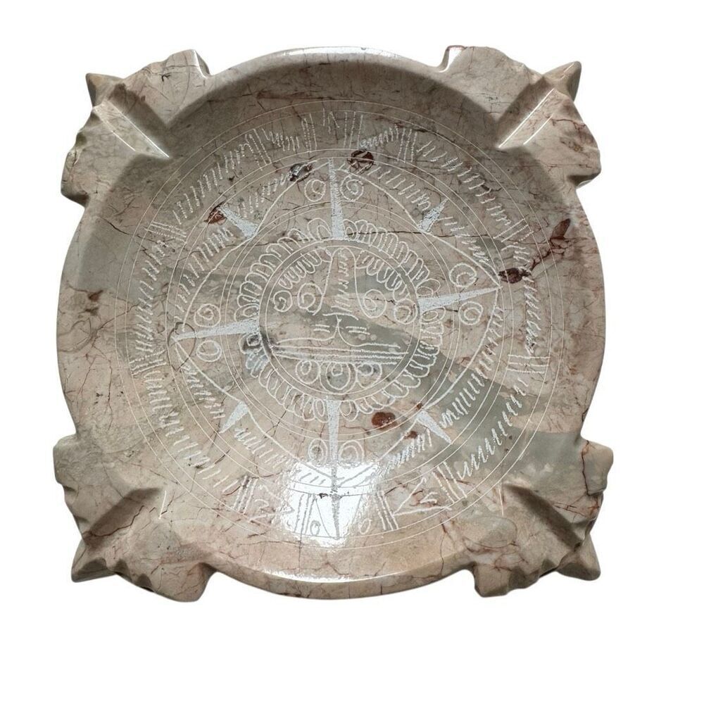 Mayan Mexican Aztec Tribal Carved Faces Etched Marble Stone Onyx Ashtray Vrg Lg